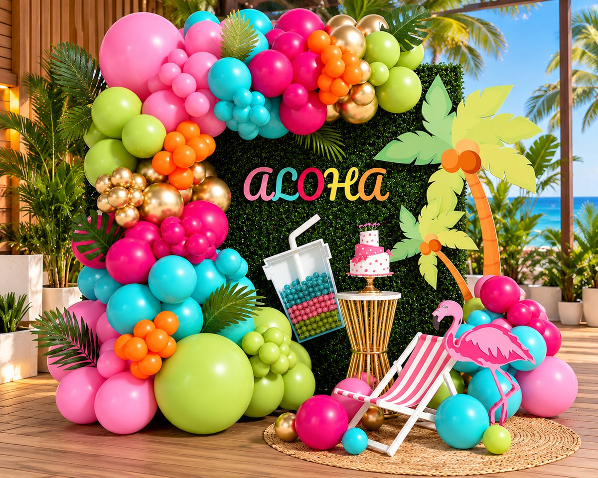Decoración tropical Aloha con globos multicolor